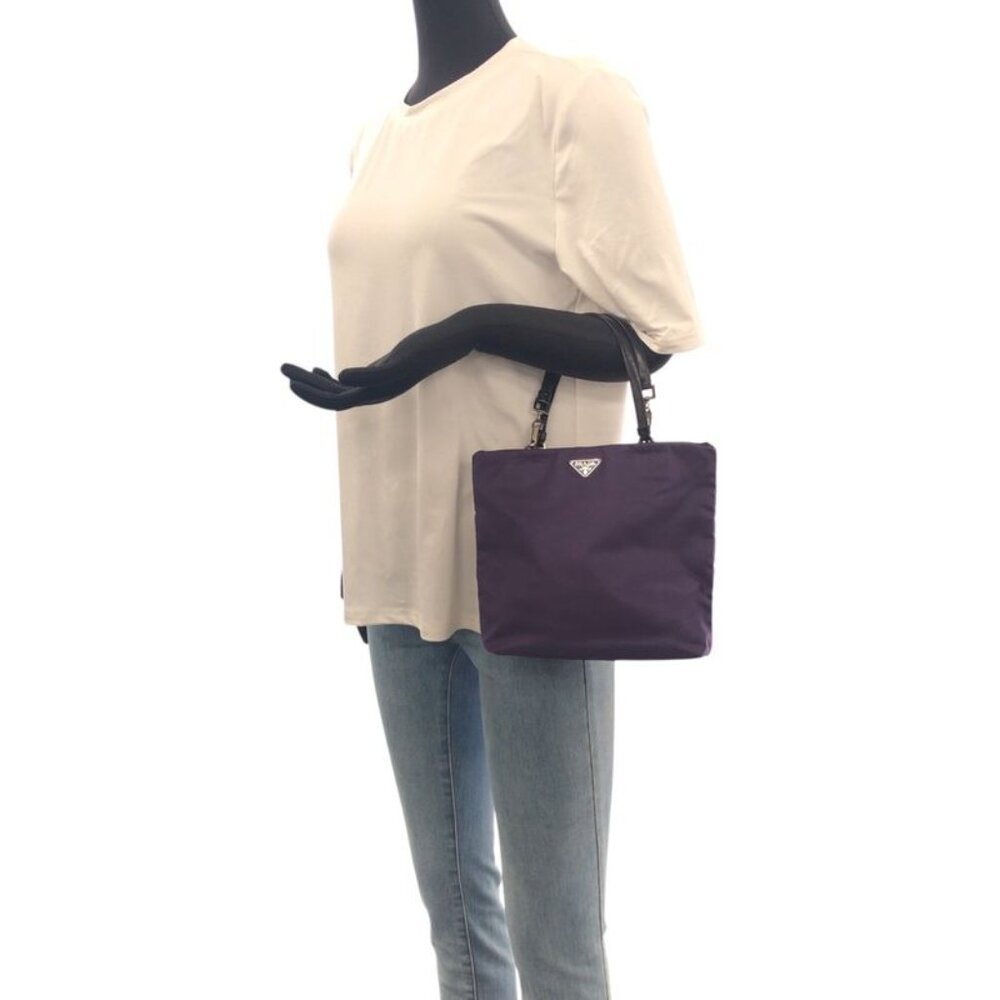 Prada Tessuto Triangle Logo Plate Purple Silver Hardware Nylon Leather Tote - Picture 7 of 9